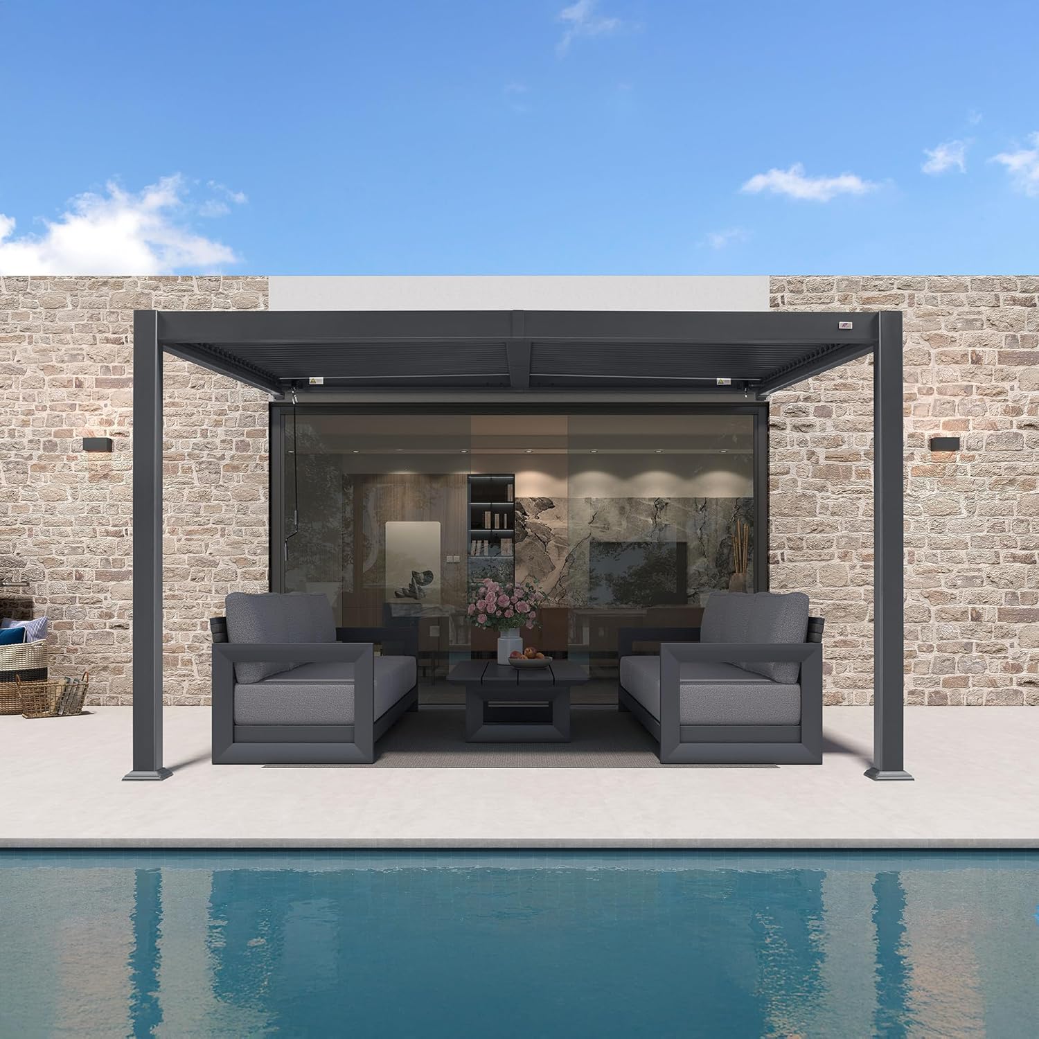 bleujardin - Pergola adossée 3x3.65m aluminium lames orientables durable