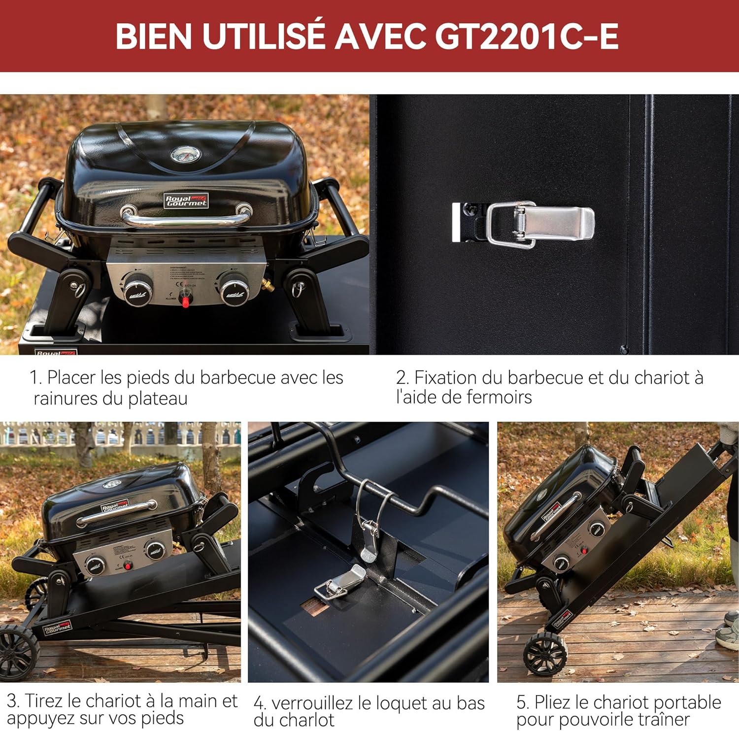 bleujardin - Barbecue Gaz 2 brûleurs - 48x37 cm - tables pliables, 5kW