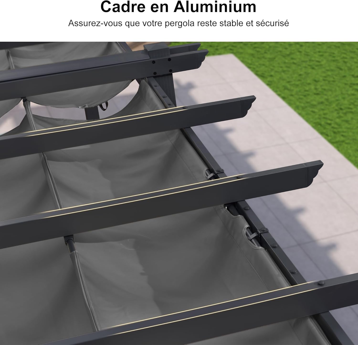 bleujardin - Pergola Aluminium - 5,5 x 3,5 m - Toit coulissant, tissu teint en fil, gris