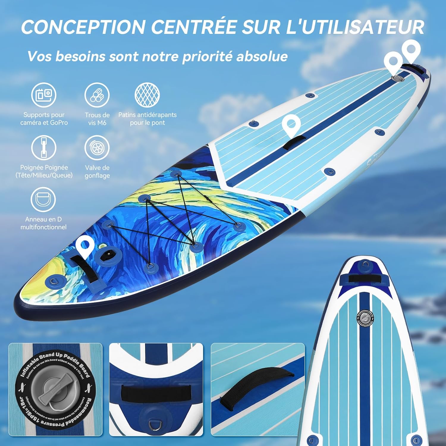 bleujardin - Paddle gonflable adulte 320/335cm - 2 personnes, siège kayak, pagaie, support caméra, 150kg