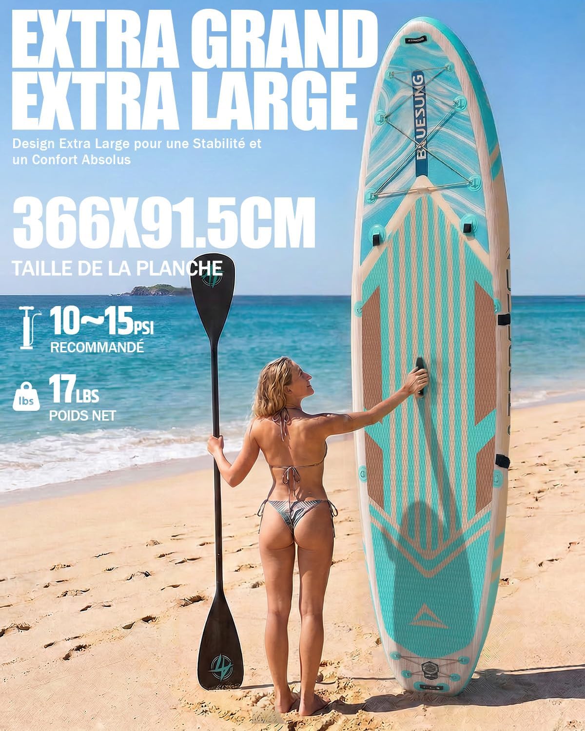 Planche de Paddle Gonflable Adulte avec Siège Kayak & Accessoires, 366x92cm Sup Extra Large & Stable, Charge 240kg, Kayak Gonflable 2 Places pour Yoga, Pêche et Surf