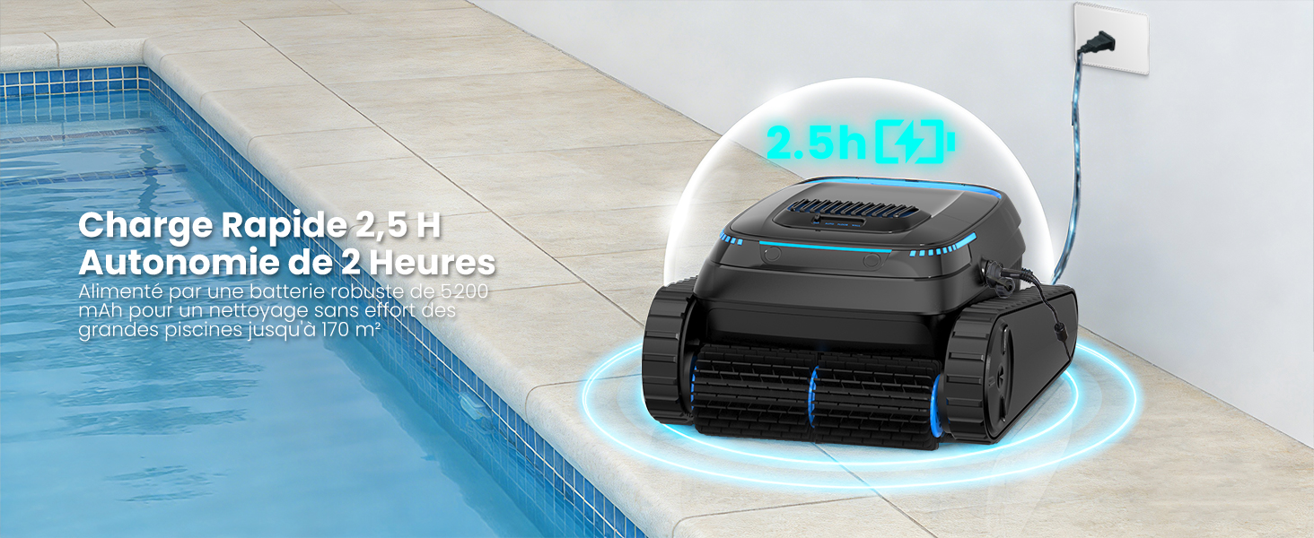 Le texte indique « Robot automatique », « Robot de nettoyage ». Nettoyeur de piscine robotique avec base noire et dessus en forme de dôme turquoise fonctionnant dans l'eau de la piscine.