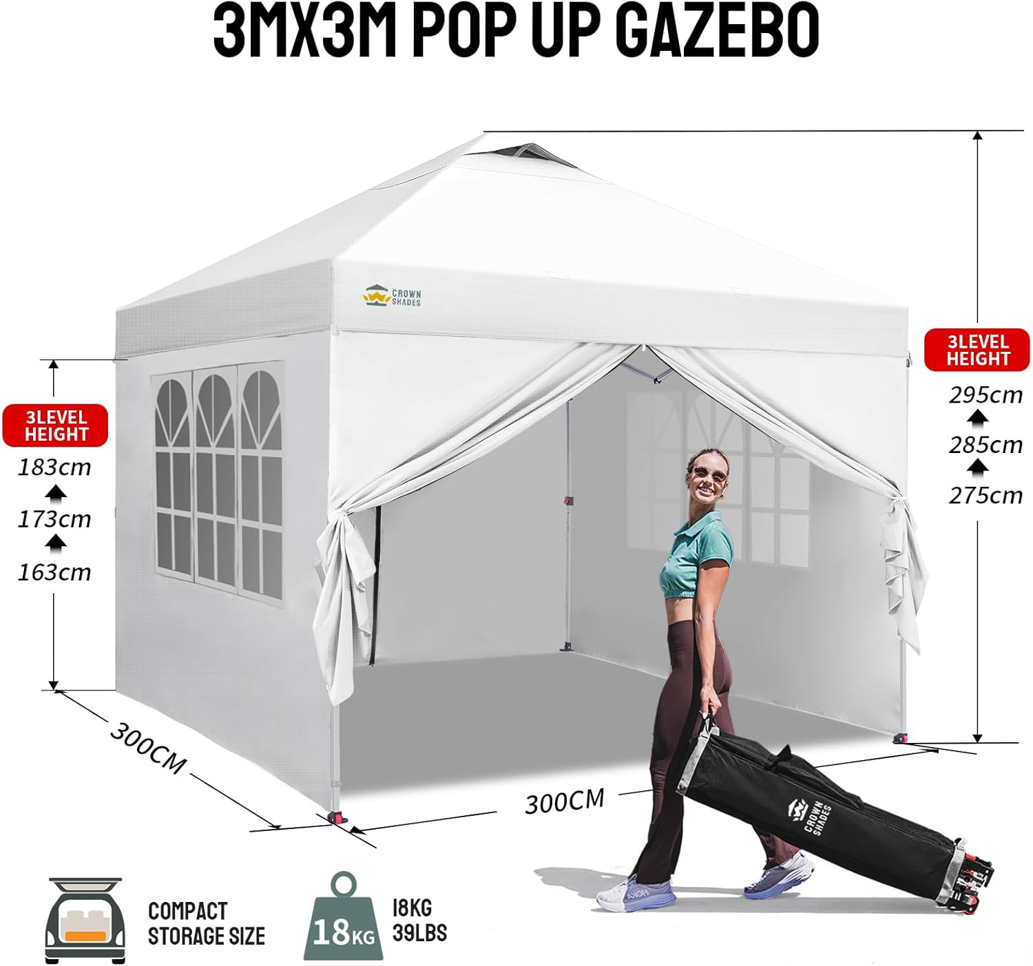 bleujardin - Tonnelle Pliante - 3x3m - Imperméable, UPF 50+, 4 parois, sacs, blanc