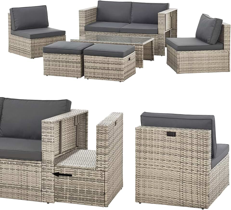 bleujardin - Salon de jardin Salou - 6 places, polyrotin, table, coussins, résistant intempéries, gris