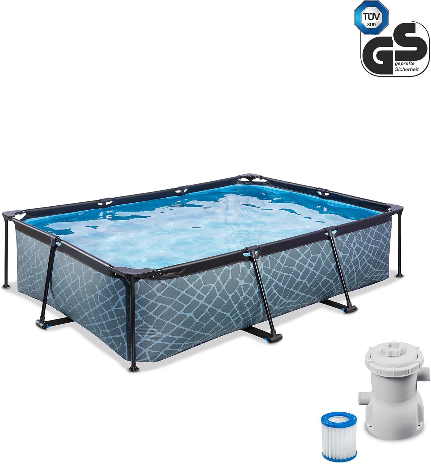 bleujardin Piscine Stone - 300x200x65cm - Piscine Hors Sol Rectangulaire avec Pompe Filtrante à Cartouche - Entrée Basse - Idéal pour Les Jeunes Enfants - Cadre Stable - Design Unique - Gris