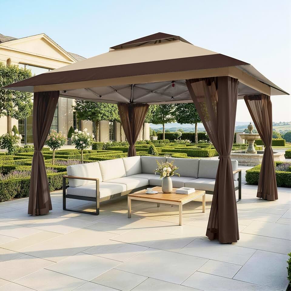 bleujardin Tonnelle de Jardin 4 x 4 m, Pop Up Gezebo Exterieur Imperméable, Abri de Jardin Réglable en Hauteur, Double Toit avec Côtés en Maille Zippée, Sac de Transport, Beige