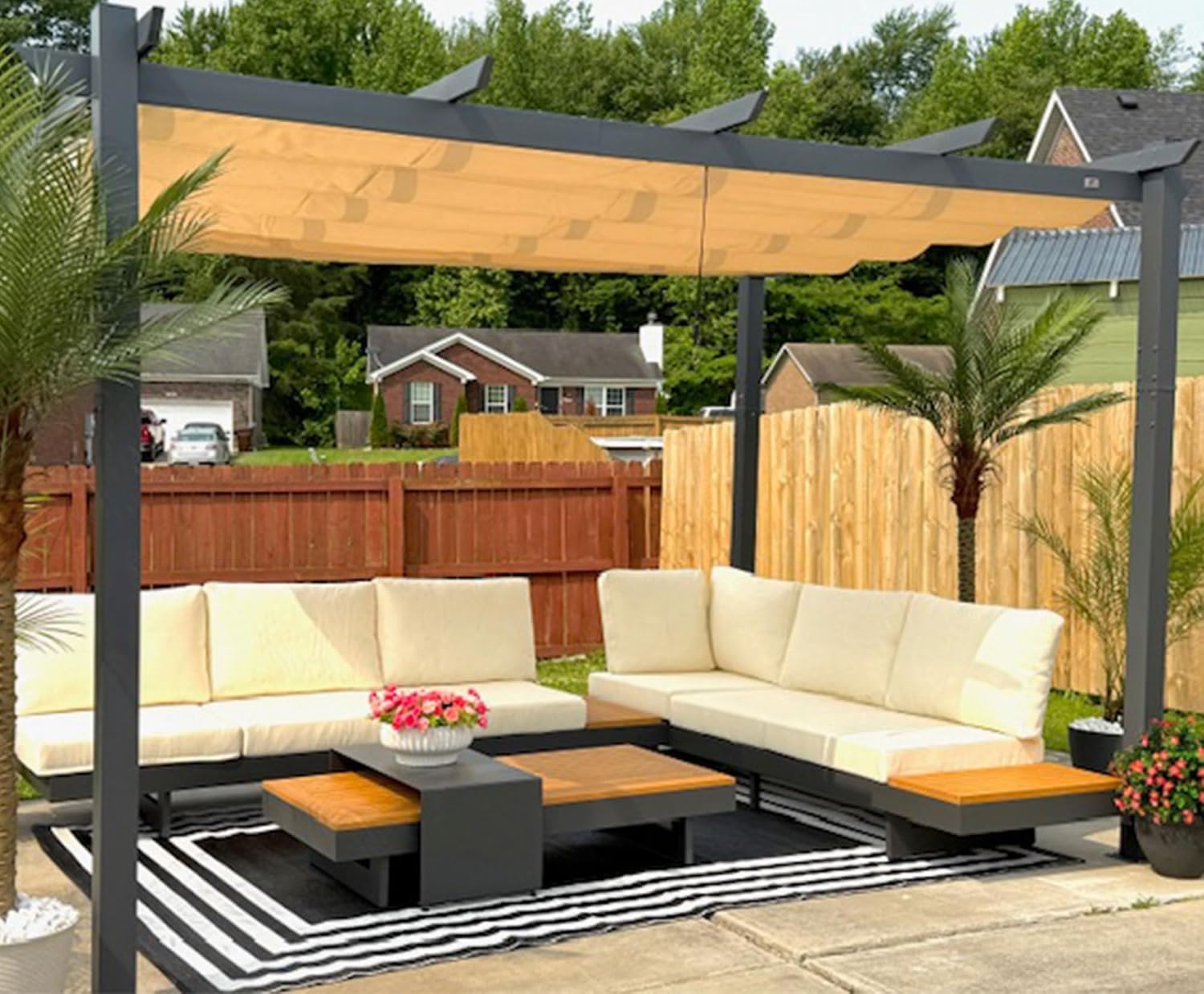 bleujardin - Pergola aluminium 4x3m, toit rétractable, éclairage intégré
