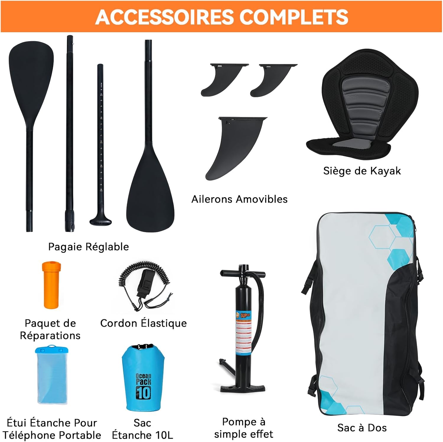 bleujardin - Paddle gonflable adulte - 320/335cm - 2 personnes, siège kayak, pagaie alu, caméra, pompe, 150kg