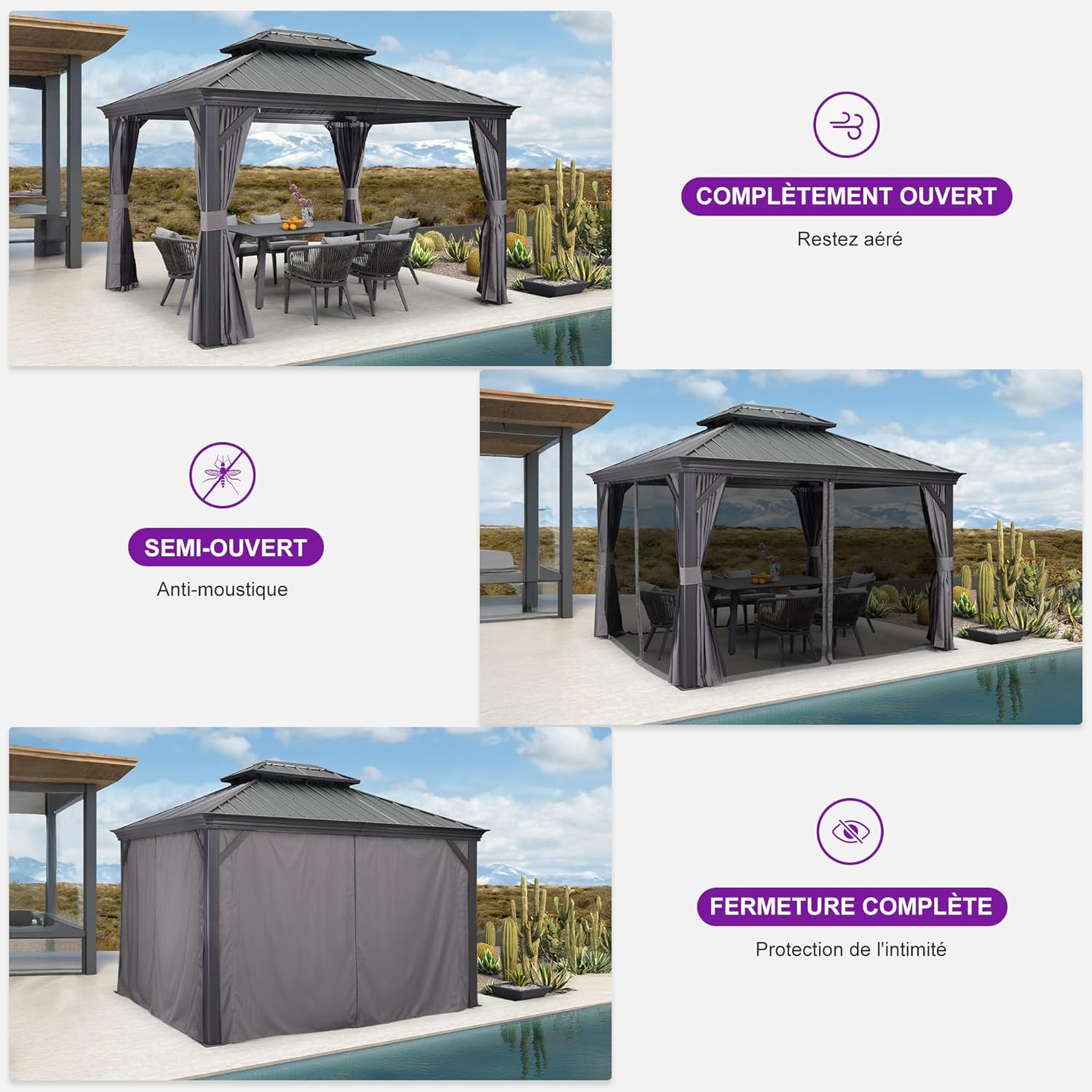 bleujardin - pergola double toit acier 4x3m, moustiquaire, rideaux