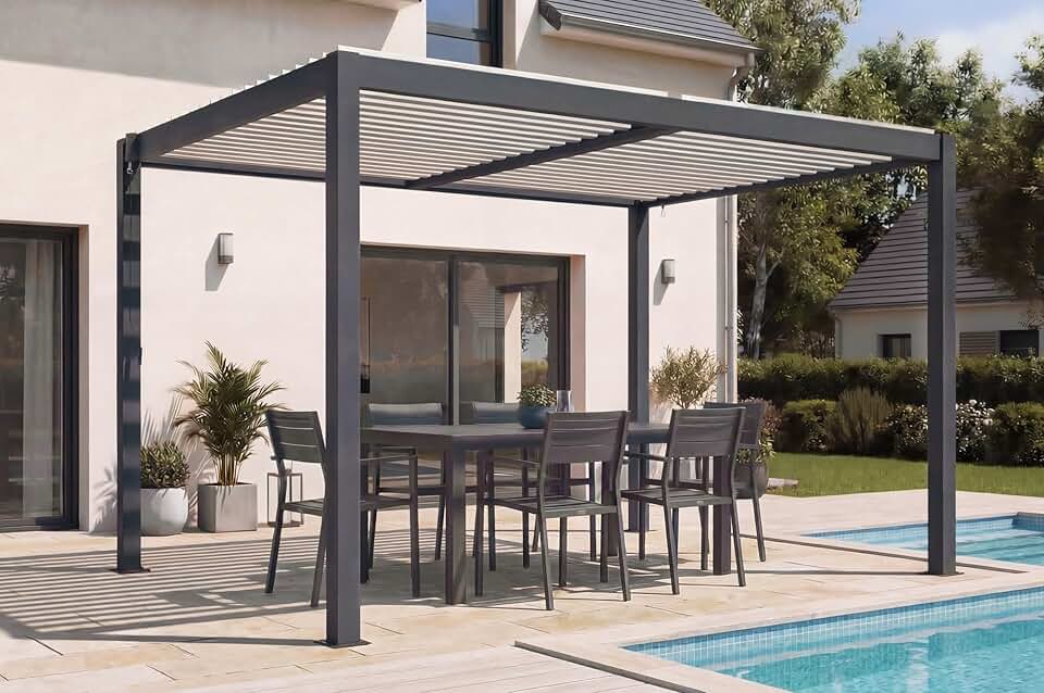 bleujardin - AGOSTA - 4x3m autoportée aluminium gris lames blanches AGOSTA