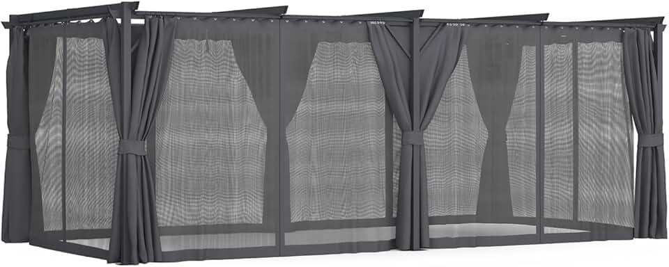 bleujardin - Pergola intégrale moustiquaire, toit rétractable 3x6m, 6 rideaux gris