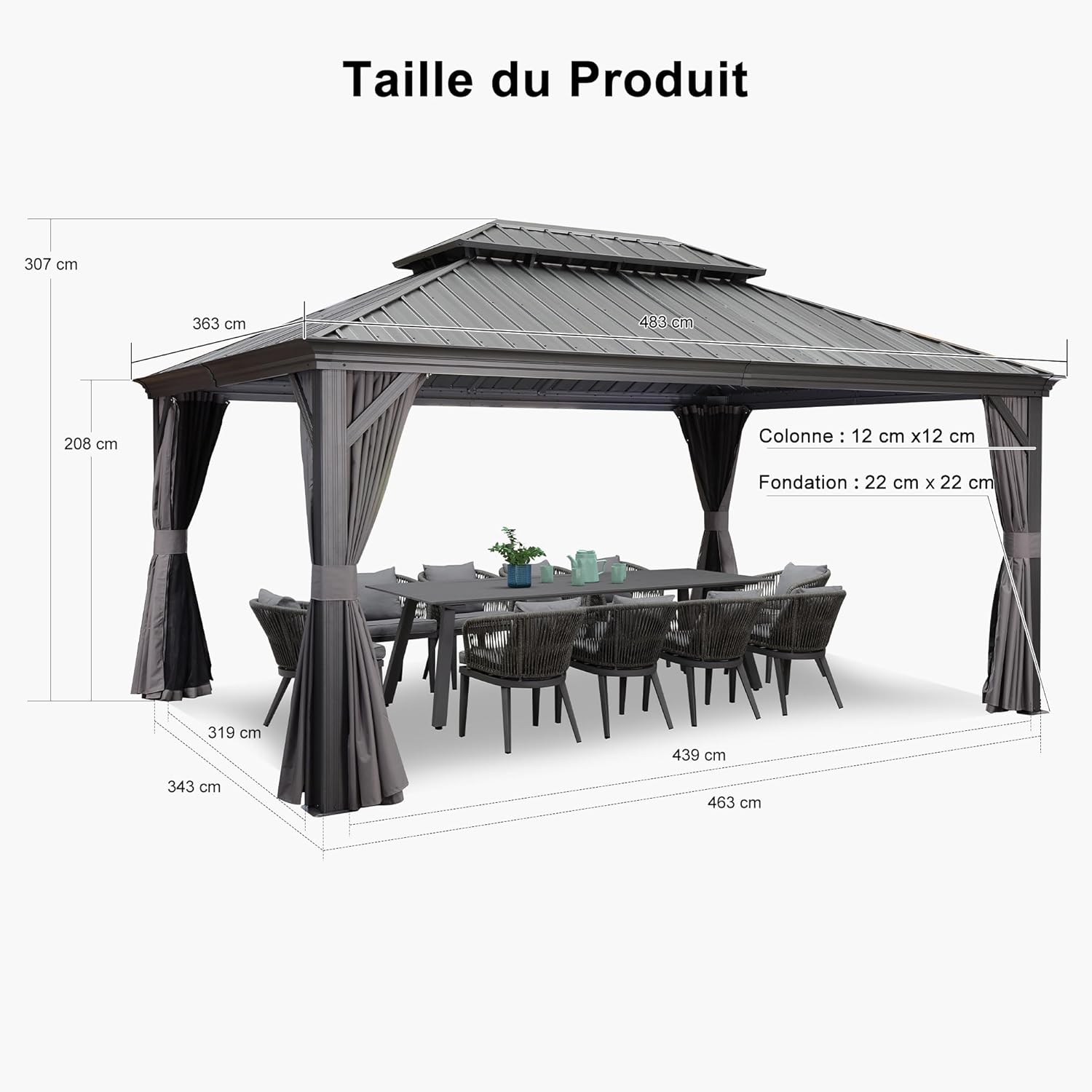 bleujardin - tonnelle aluminium série - 4,85x3,65m - éclairage intégré, rideaux moustiquaires, gouttière, gris