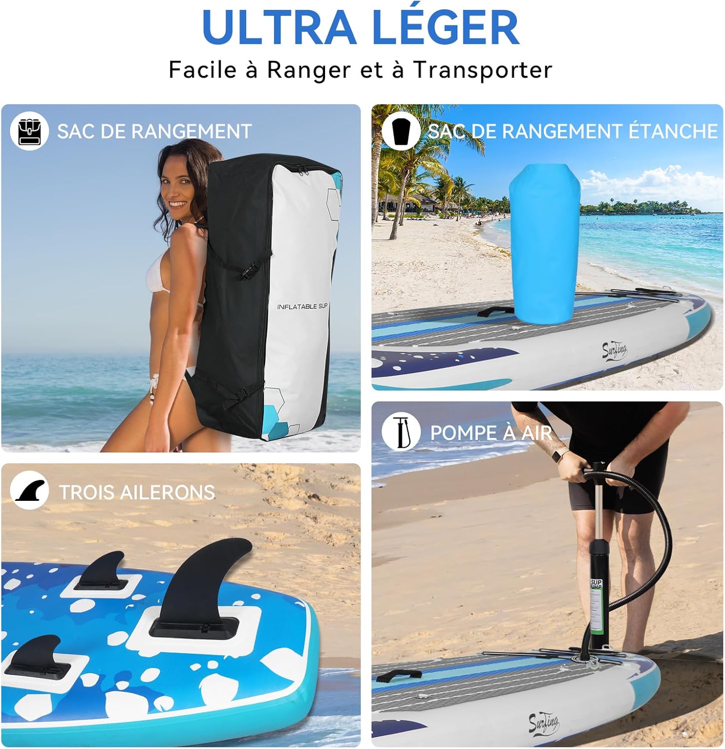 bleujardin - Paddle gonflable 320/335cm - 2 personnes, siège kayak, jusqu'à 150kg