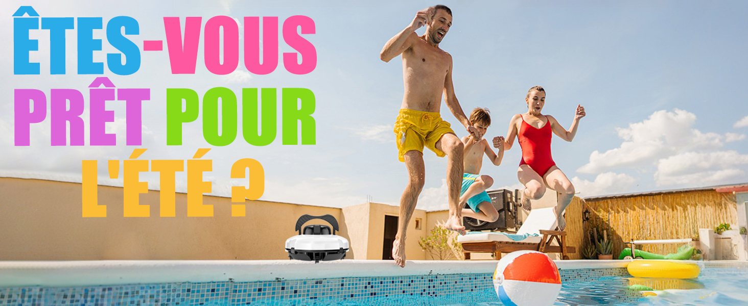 Le texte indique « ETES-VOUS PRÊT POUR L'ÉTÉ ? » en lettres multicolores vives. Scène de plage montrant des personnes jouant au volley-ball dans une piscine avec ballon gonflable, cadre de vacances d'été en plein air ensoleillé.