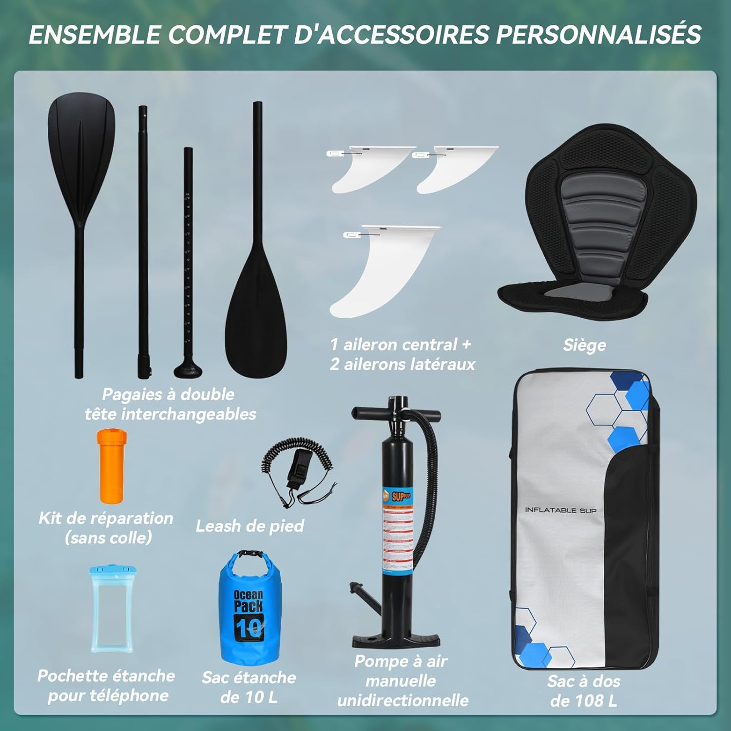 bleujardin - paddle gonflable adulte - 320/335cm - 2 places, siège kayak, pagaie alu, support caméra, pompe, 150 kg