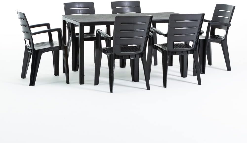 Thomas & Anita - Ensemble repas 6 places - table acier 180x90cm et chaises empilables effet bois