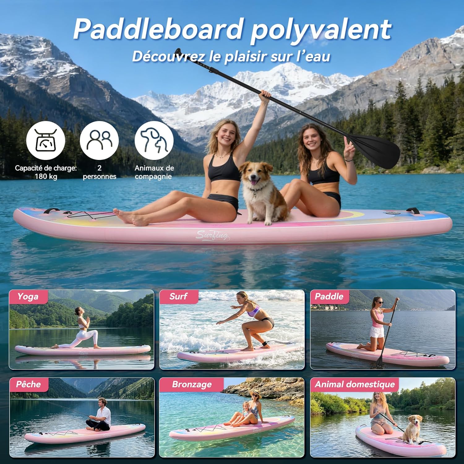 bleujardin - Paddle Gonflable Série Adulte - 320/335cm - 2 places, siège kayak, pagaie alu, support caméra, pompe, 150kg