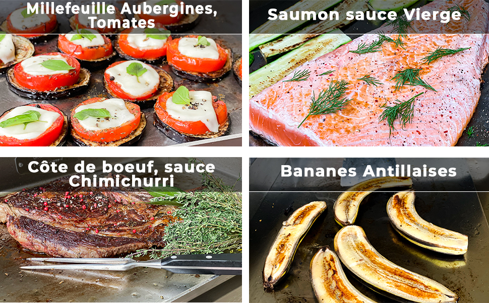 Le texte se lit comme suit : « Aubergines millefeuille, tomates », « Saumon sauce vierge », « Côte de bœuf, sauce chimichuri », « Bananes antillaises ». Image alimentaire à quatre panneaux montrant des plats préparés à base de piles d'aubergines et de tomates, de saumon, de bœuf et de bananes caramélisées.
