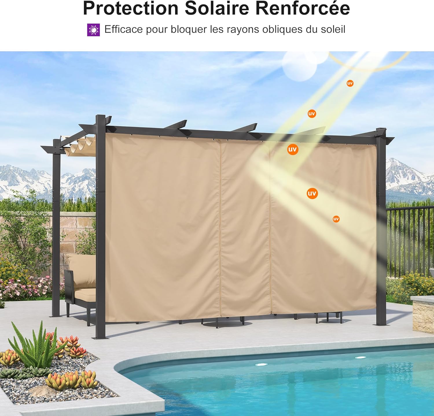 bleujardin - pergola aluminium - 4x3m - rideau, toit rétractable, kaki