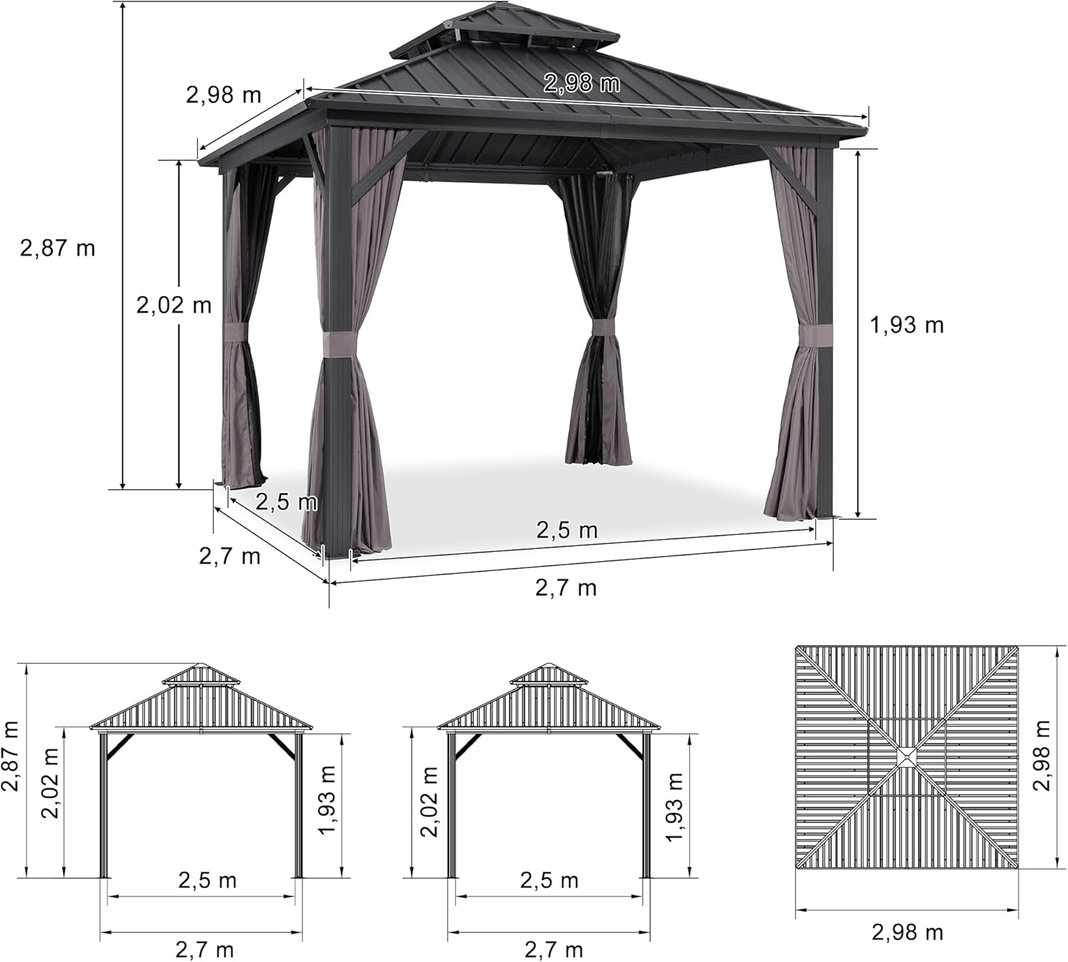 bleujardin - tonnelle extérieur double toit 3x3m, alu et acier, rideaux, guirlande lumineuse