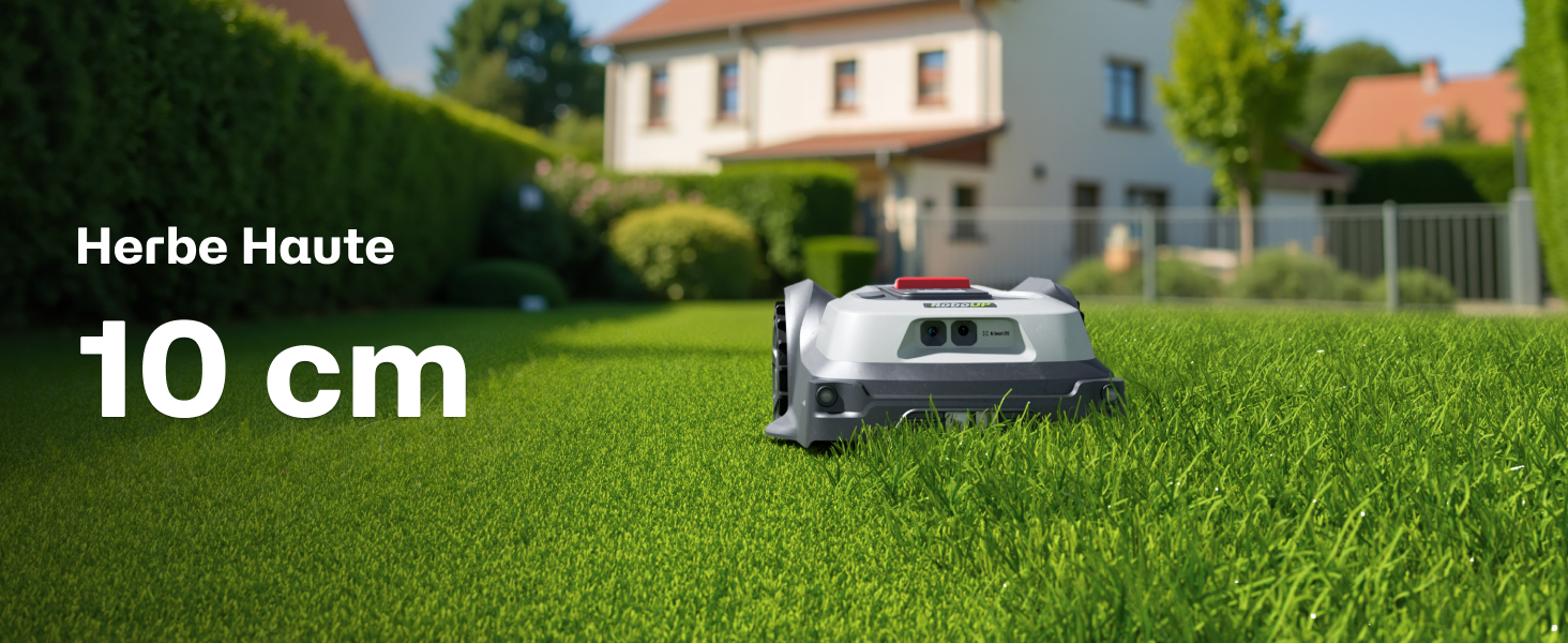 Le texte indique « 10 cm ». Tondeuse à gazon robotisée affichée sur une pelouse bien entretenue, avec la maison et le jardin visibles en arrière-plan. Plusieurs affichages de produits présentent la fonctionnalité de tonte automatique.