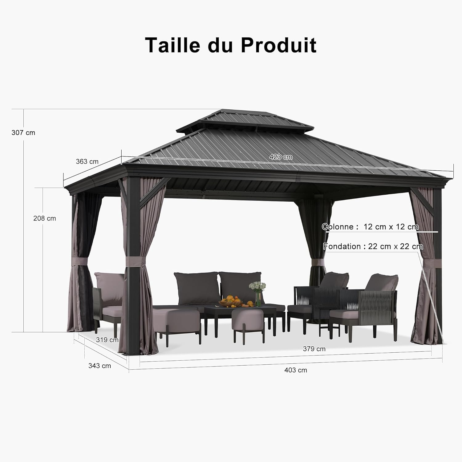 bleujardin - tonnelle aluminium - 4,25x3,65m - éclairage intégré, rideaux moustiquaires, gouttière, poteaux renforcés