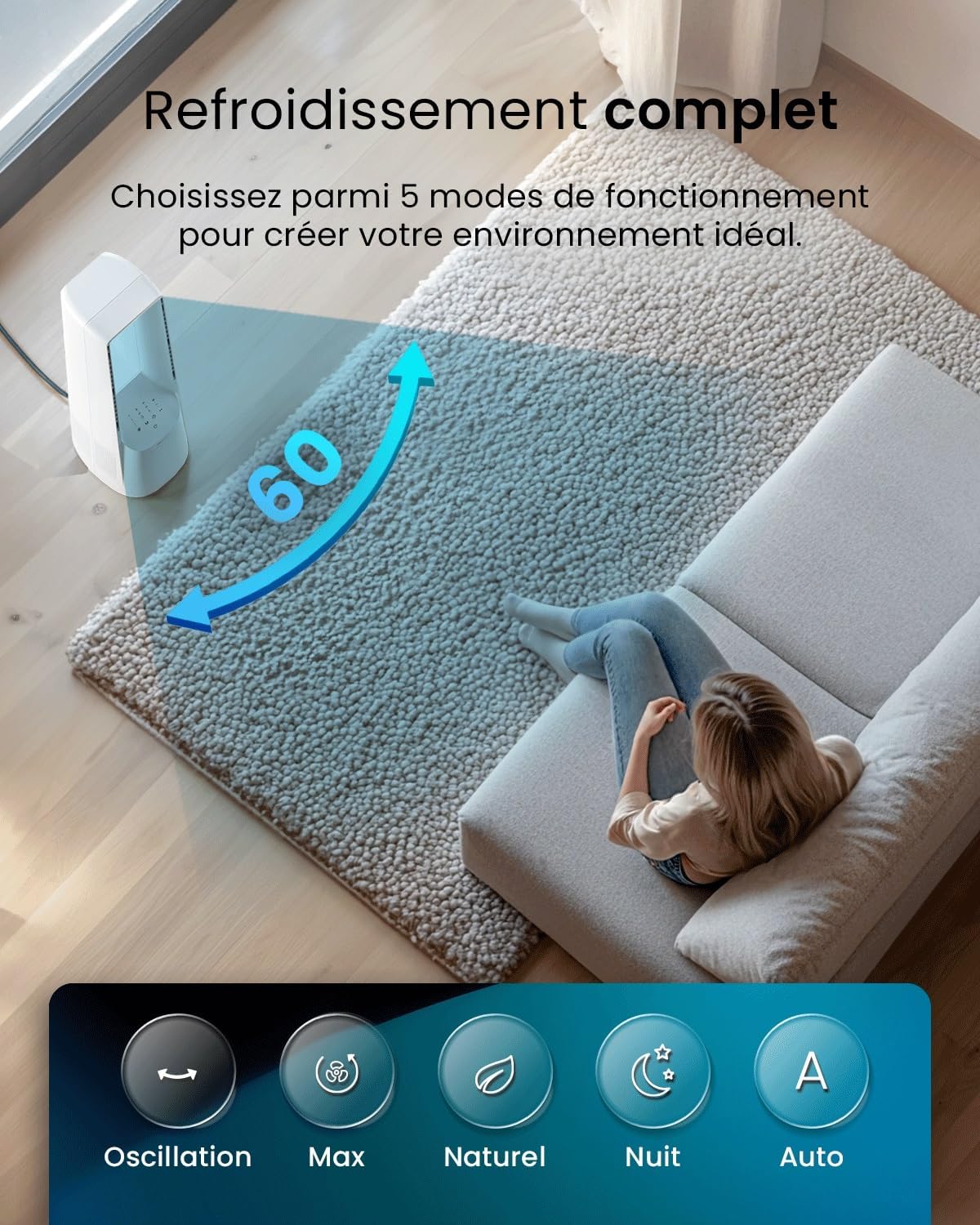 bleujardin - Ventilateur Tour WiFi Intelligent 101cm - Silencieux, LED, télécommande, 6 vitesses, oscillation