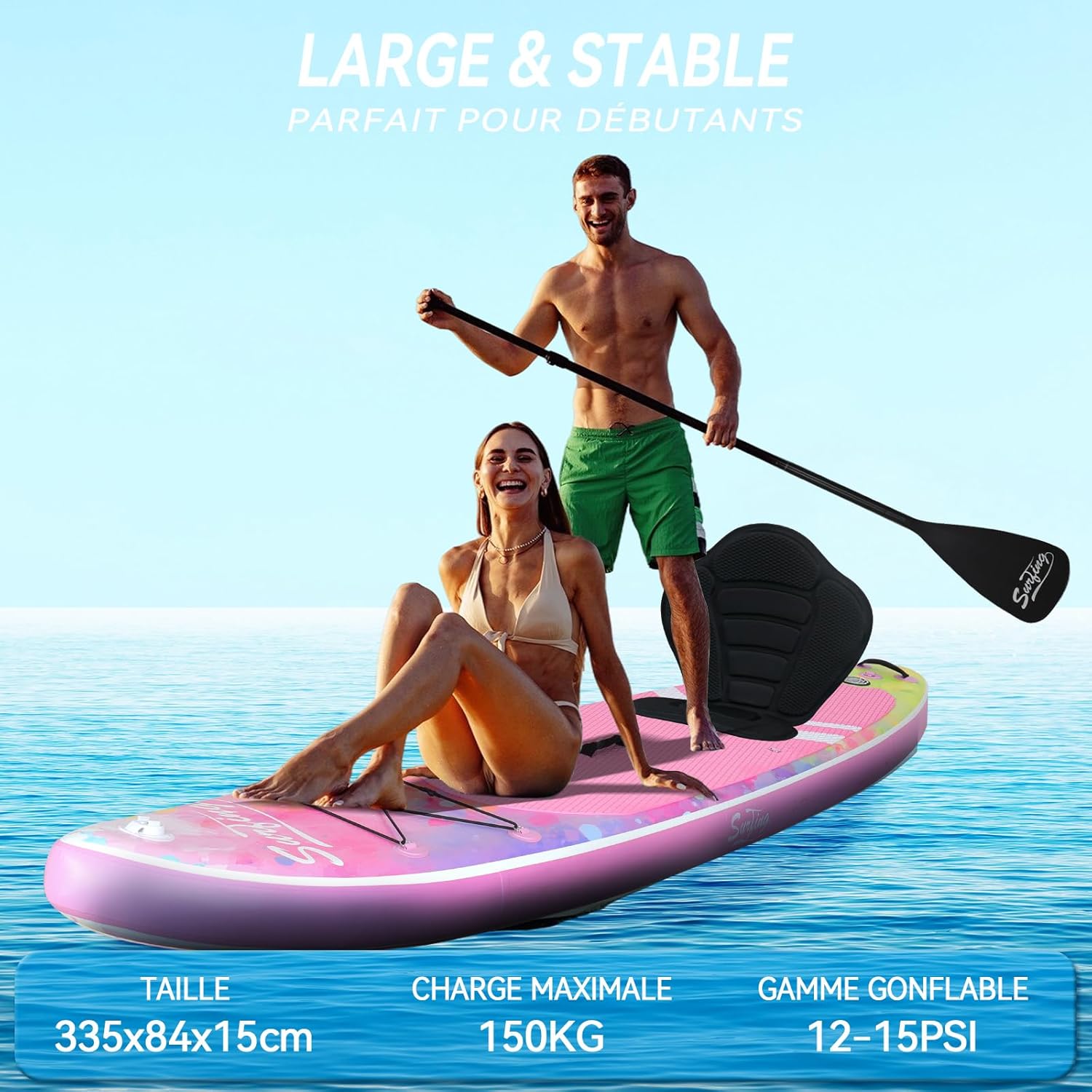 bleujardin - Paddle gonflable 320/335cm - 2 pers, siège kayak, 150kg