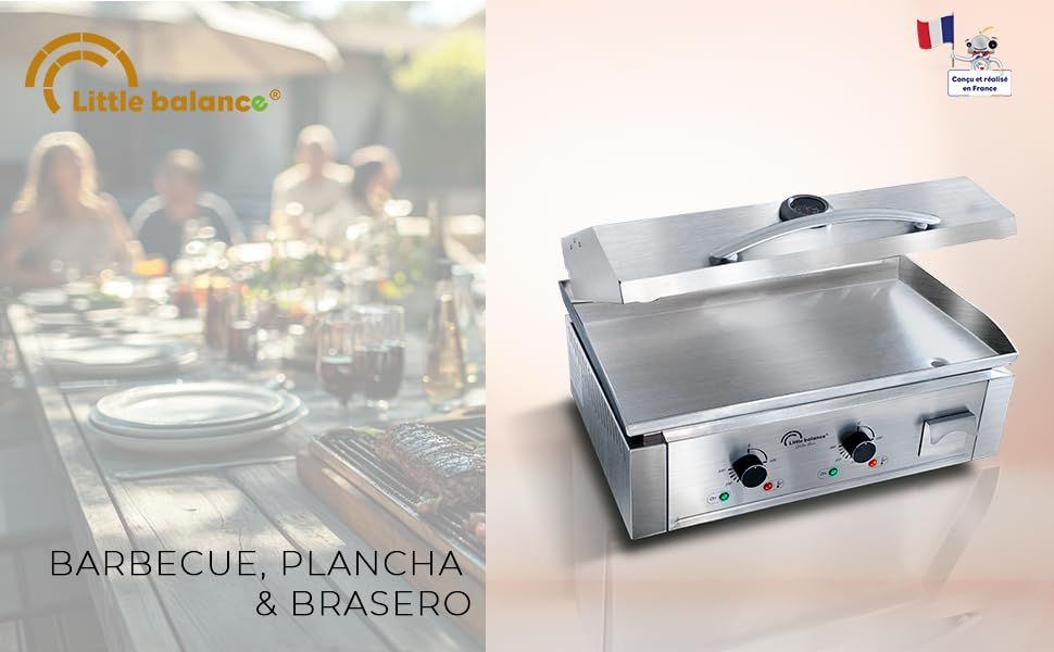 Le texte indique « bleujardin » et « BARBECUE, PLANCHA & bleujardin ». Cuisinière commerciale en acier inoxydable avec deux brûleurs sur fond de table.
