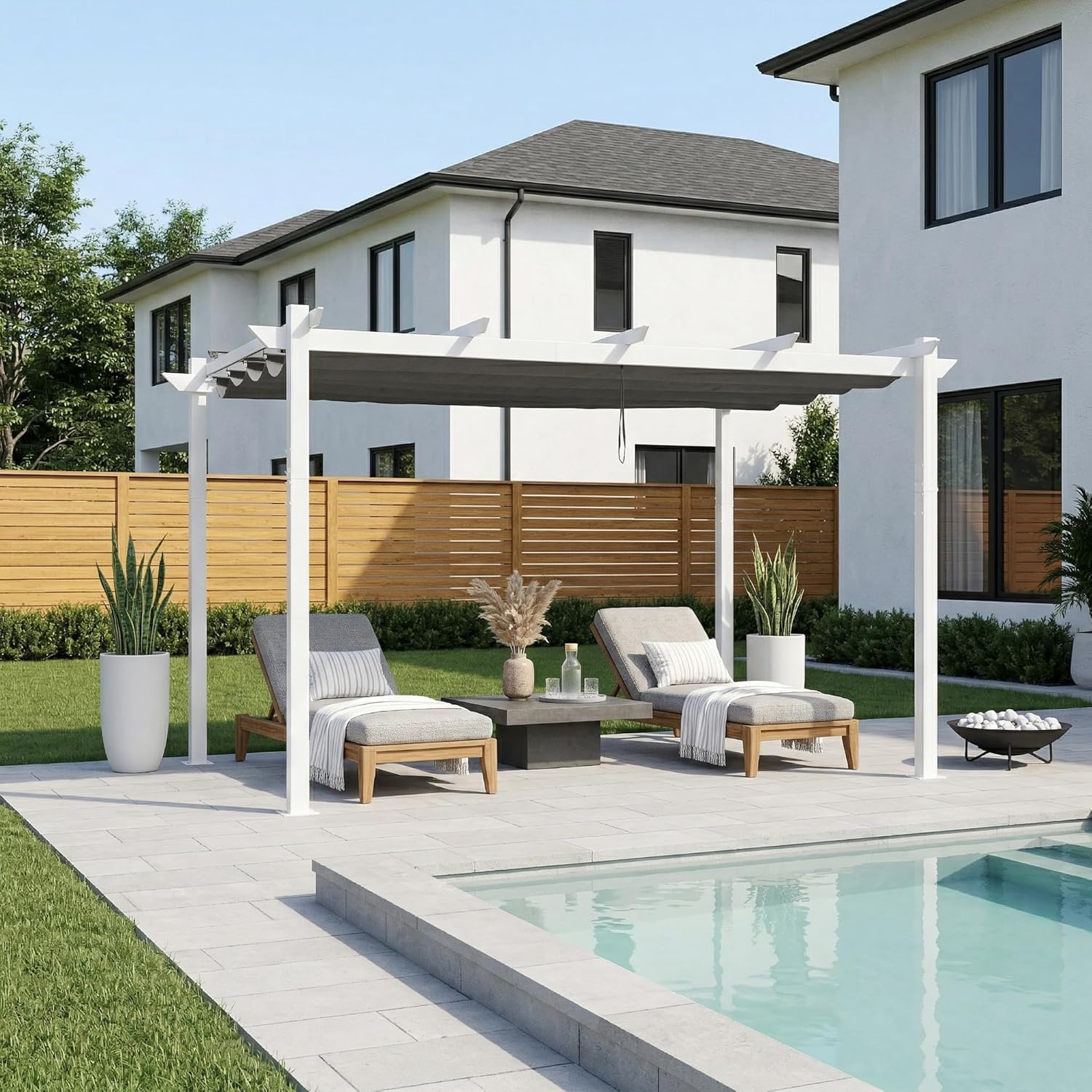bleujardin - pergola aluminium - 4x3m - éclairage intégré, toit protégé, blanc/gris