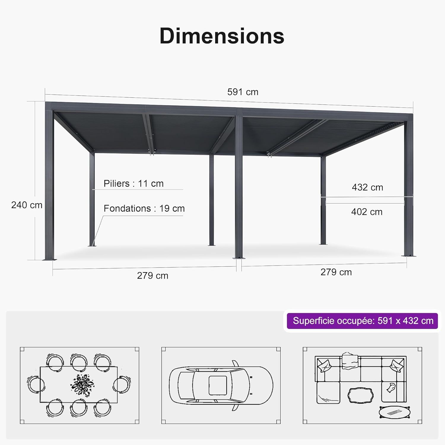 bleujardin - pergola bioclimatique - 6x4,24m aluminium, lames indépendantes