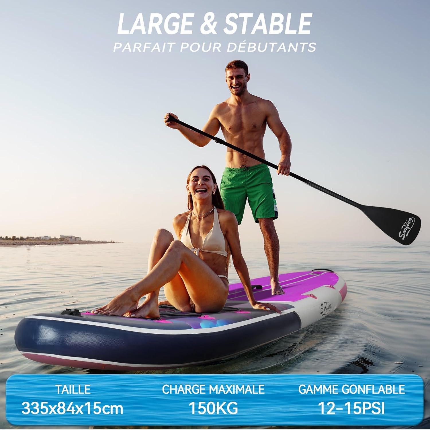 bleujardin - Paddle gonflable 320/335 cm - 2 places, siège kayak, pagaie, pompe, 150 kg