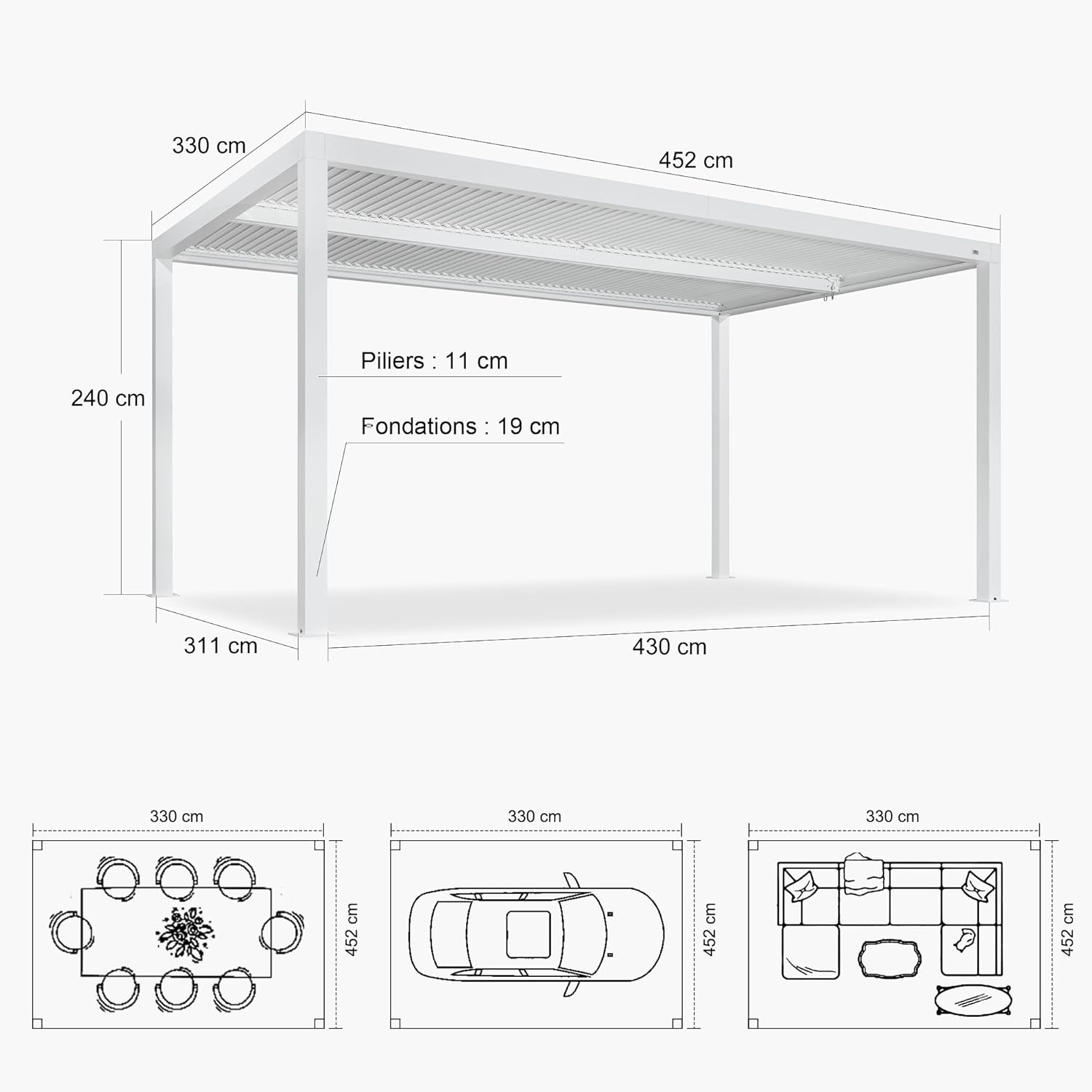 bleujardin - pergola bioclimatique - 4,6x3,3 m - alu, lames orientables, éclairage intégré