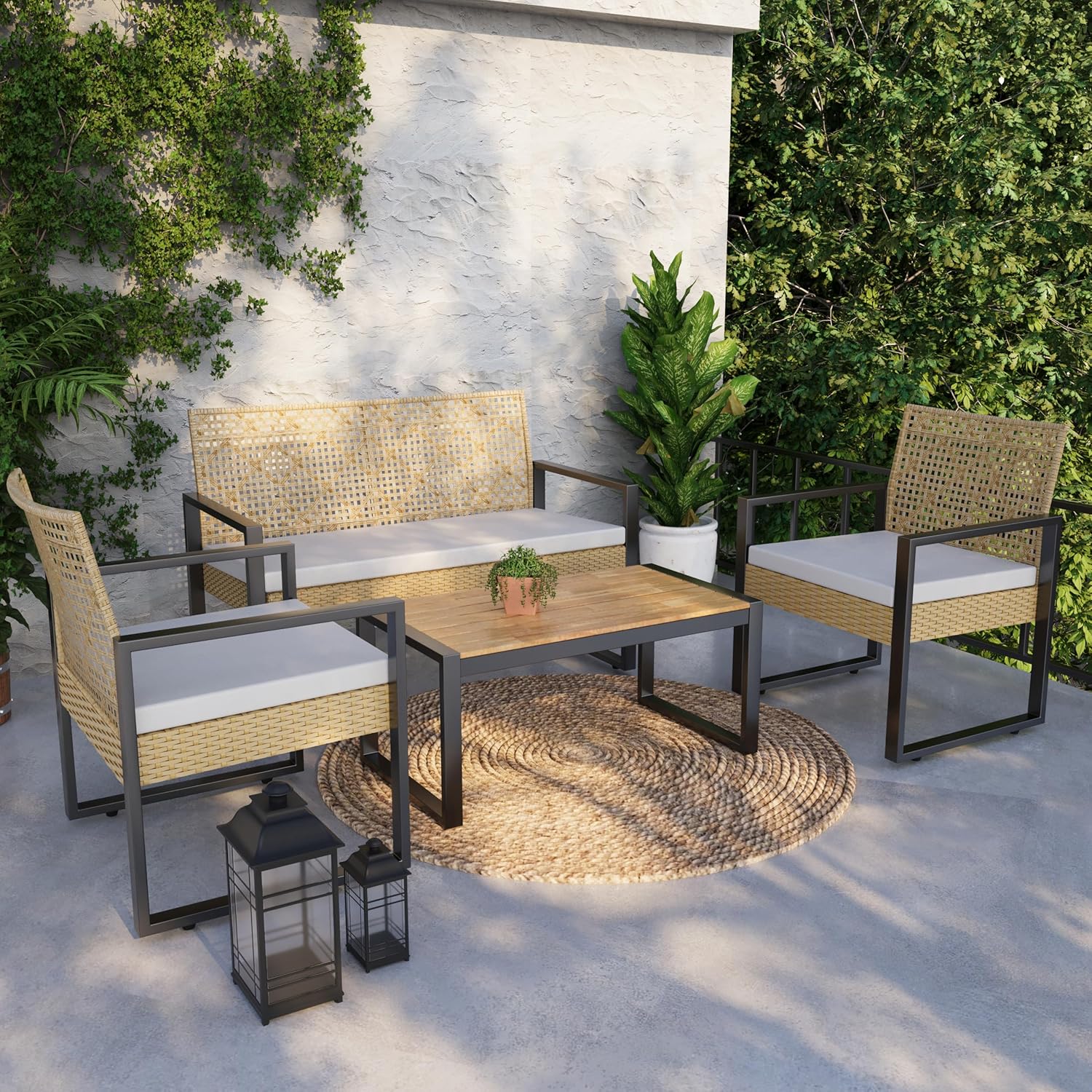 bleujardin - Salon de jardin 4 pièces, acier/acacia, 2 chaises + banc, beige/naturel
