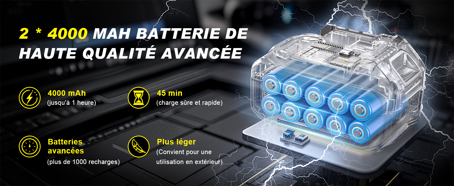 Le texte indique « BATTERIE DE HAUTE QUALITÉ AVANCÉE 2 * 4000 MAH ». Illustration technique montrant des cellules de batterie bleues avec des indicateurs de charge et des symboles d'alimentation.