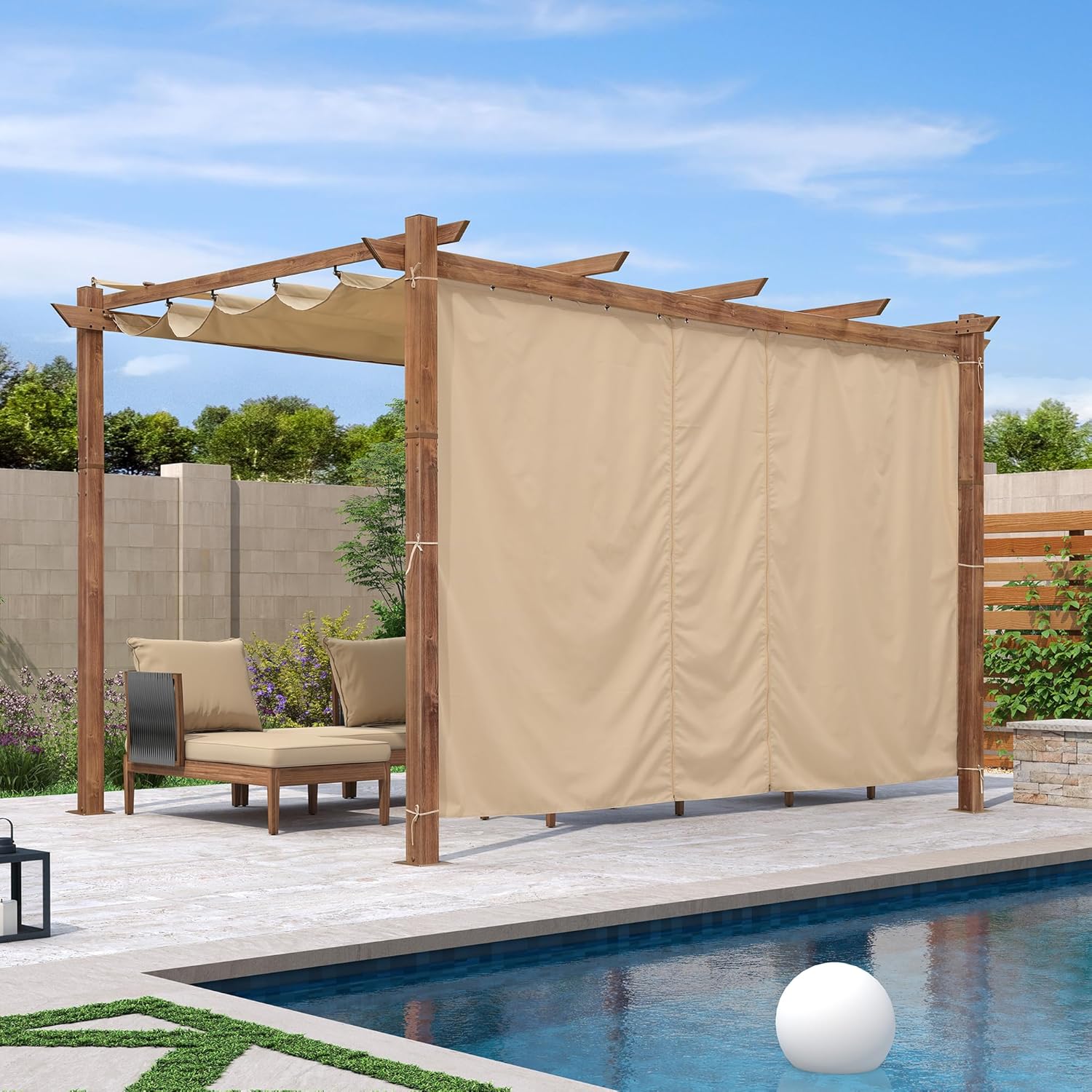 bleujardin - Pergola alu finition teck 4x3m - toile rétractable, rideau, kaki