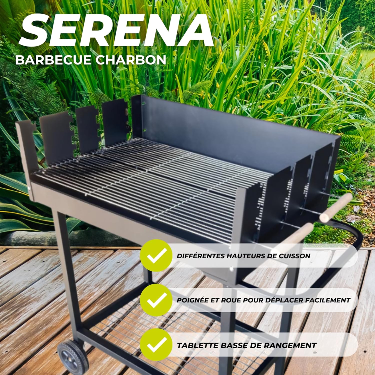 bleujardin - Serena - XXL - Barbecue charbon acier, grille réglable