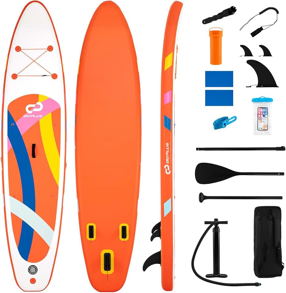 bleujardin 336 x 77 x 16 cm Planche à Pagaie Gonflable, Planche de Surf avec Pagaie Réglable, Pompe à Main, 3 Ailerons, Anneaux en D & Laisse, Paddle Stand Up Léger pour Surf, Lacs, Mers