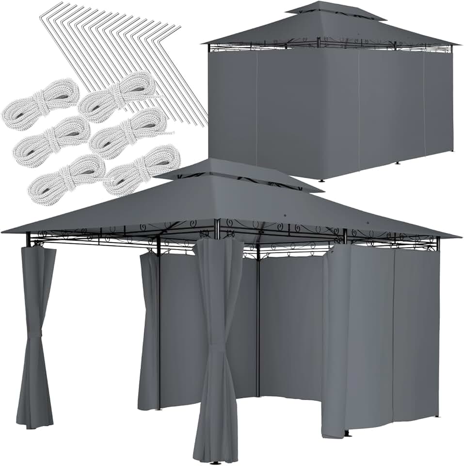 bleujardin - tonnelle de jardin 4x3m - acier epoxy, imperméable, rideaux, UV50+