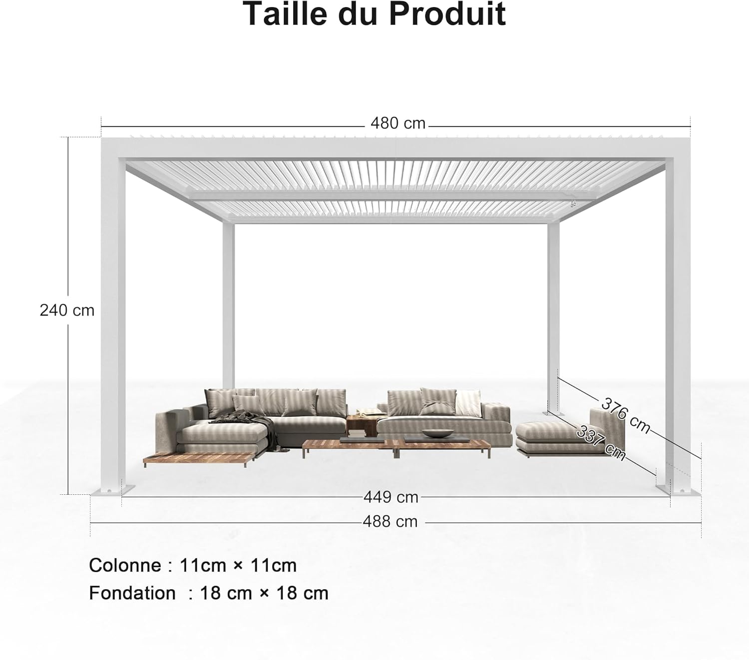 bleujardin - Pergola bioclimatique - 4,8x3,68m - lames orientables, éclairage intégré, aluminium, blanc