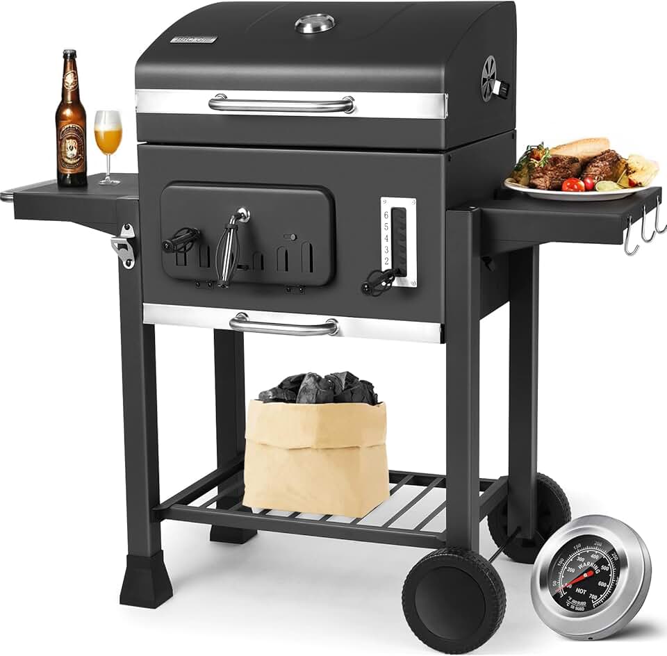 bleujardin - Barbecue XXL, charbon, couvercle, roues, thermomètre - bleujardin