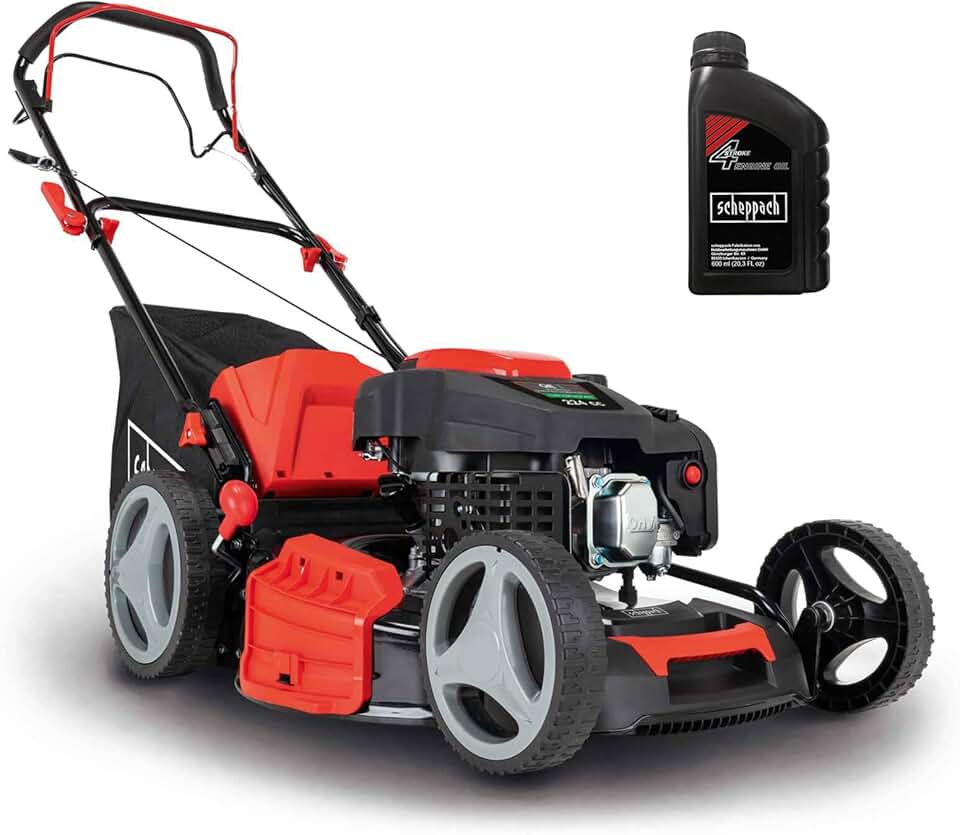 bleujardin Tondeuse à Gazon à Essence MS230-53 – Moteur 4 Temps 6 CV 4400 W – Largeur de Coupe 53 cm – Jardins de 1800 m² – Hauteur de Coupe réglable – Bac de 65 l – Fonction Mulching – Huile Incluse