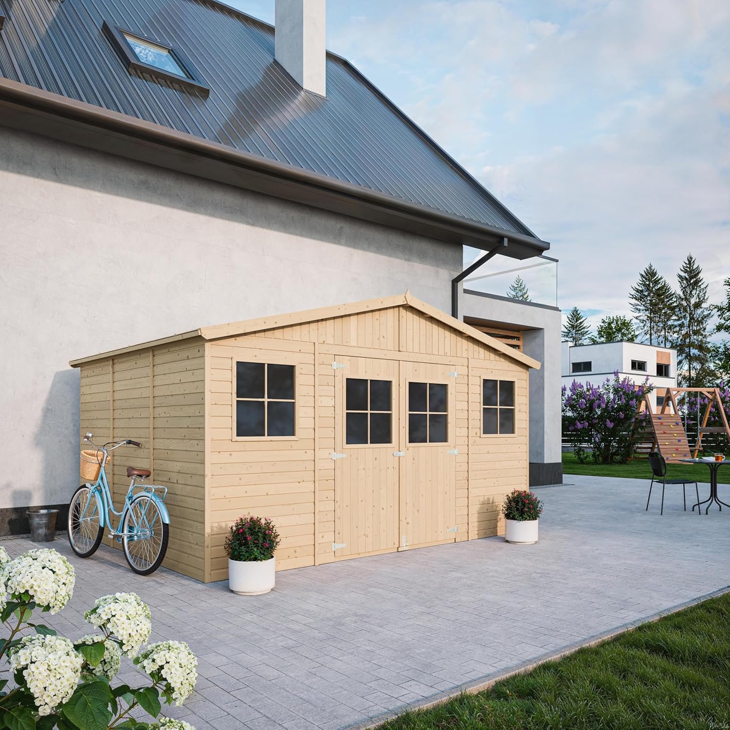 Abri de Jardin en Bois Exterieur avec Plancher IMPRÉGNÉ- Chalet en Pin/épicéa-H246x418x320 cm/12 m²- Construction de Panneaux - Rangement pour vélos, Remise à Outils- bleujardin M331+M331G