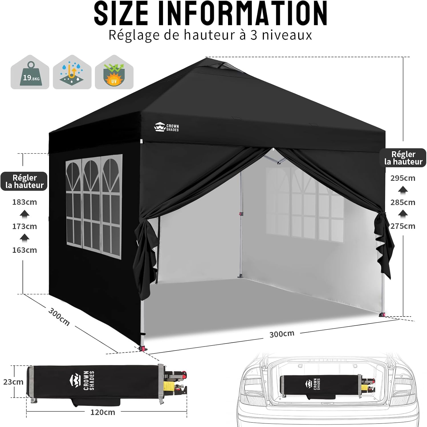 bleujardin - Tonnelle pliante 3x3m imperméable, P/Pop-Up, 4 parois amovibles, Sac, UPF 50+ - CN0032