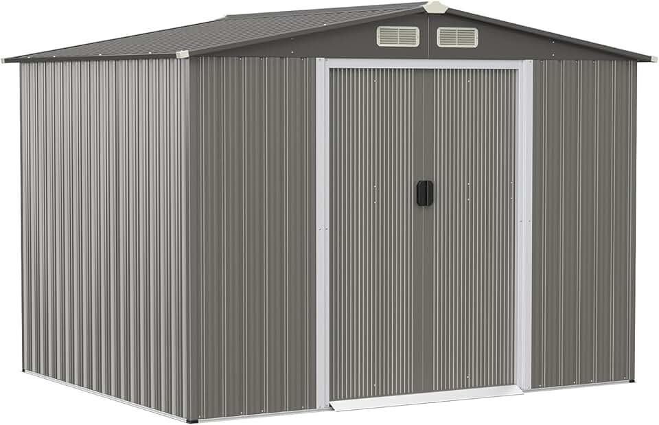 bleujardin 4,74㎡ Abri de Jardin en Métal Galvanisé avec Base, Cabine de Jardin Extérieur Porte Coulissante, Résistant aux Intempéries, Cabane de Rangement à Outils 8,59m³, 260 x 207x181cm, Toit Gris Foncé