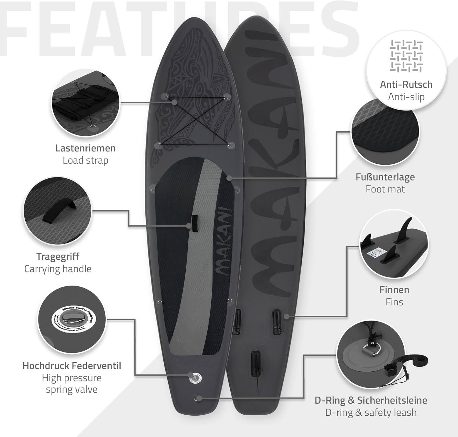 bleujardin - Stand Up Paddle Gonflable - 305/308/320/380 cm - PVC, 120/150 kg, épaisseur 10/15 cm