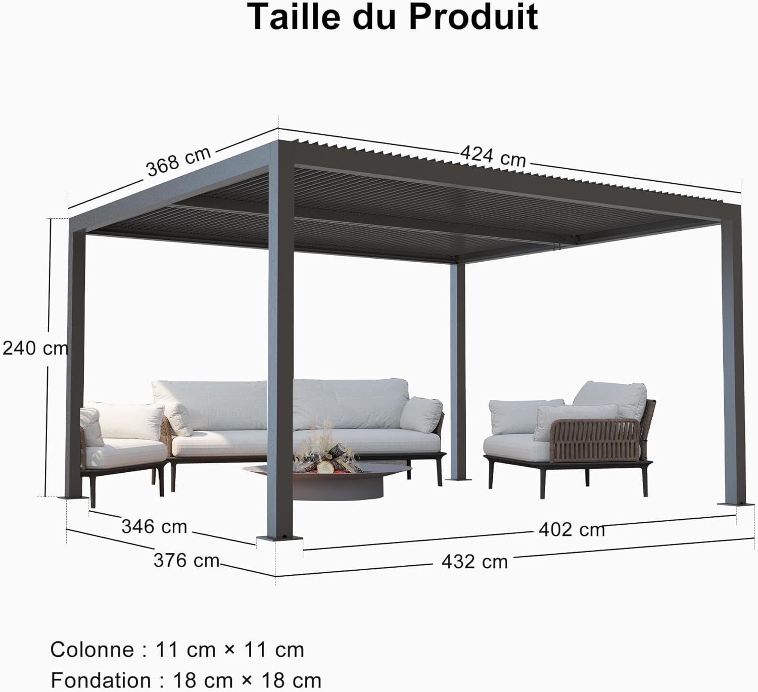 bleujardin - Pergola bioclimatique aluminium 4,8x3,68m, LED, lames orientables