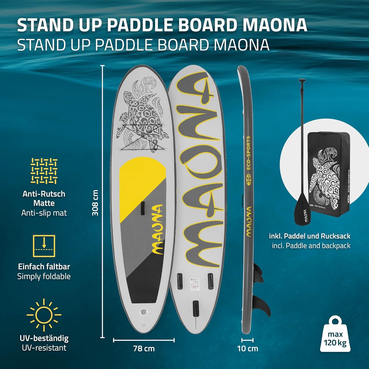 bleujardin - SUP gonflable série Stand Up - 305/308/320/380 cm - PVC, 120/150 kg, 10/15 cm d'épaisseur