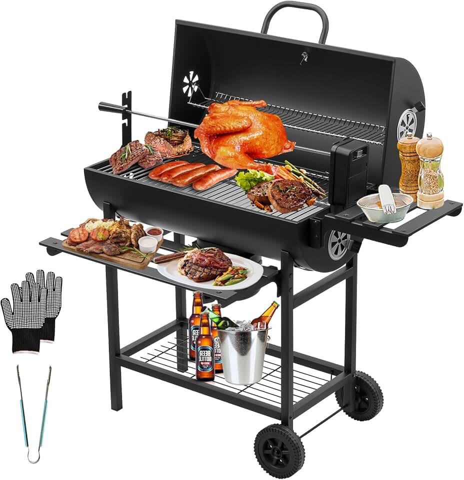 bleujardin - Grill XXL - dimensions généreuses - couvercle, thermomètre, tiroir à cendres, gants, évent réglable, grill poule