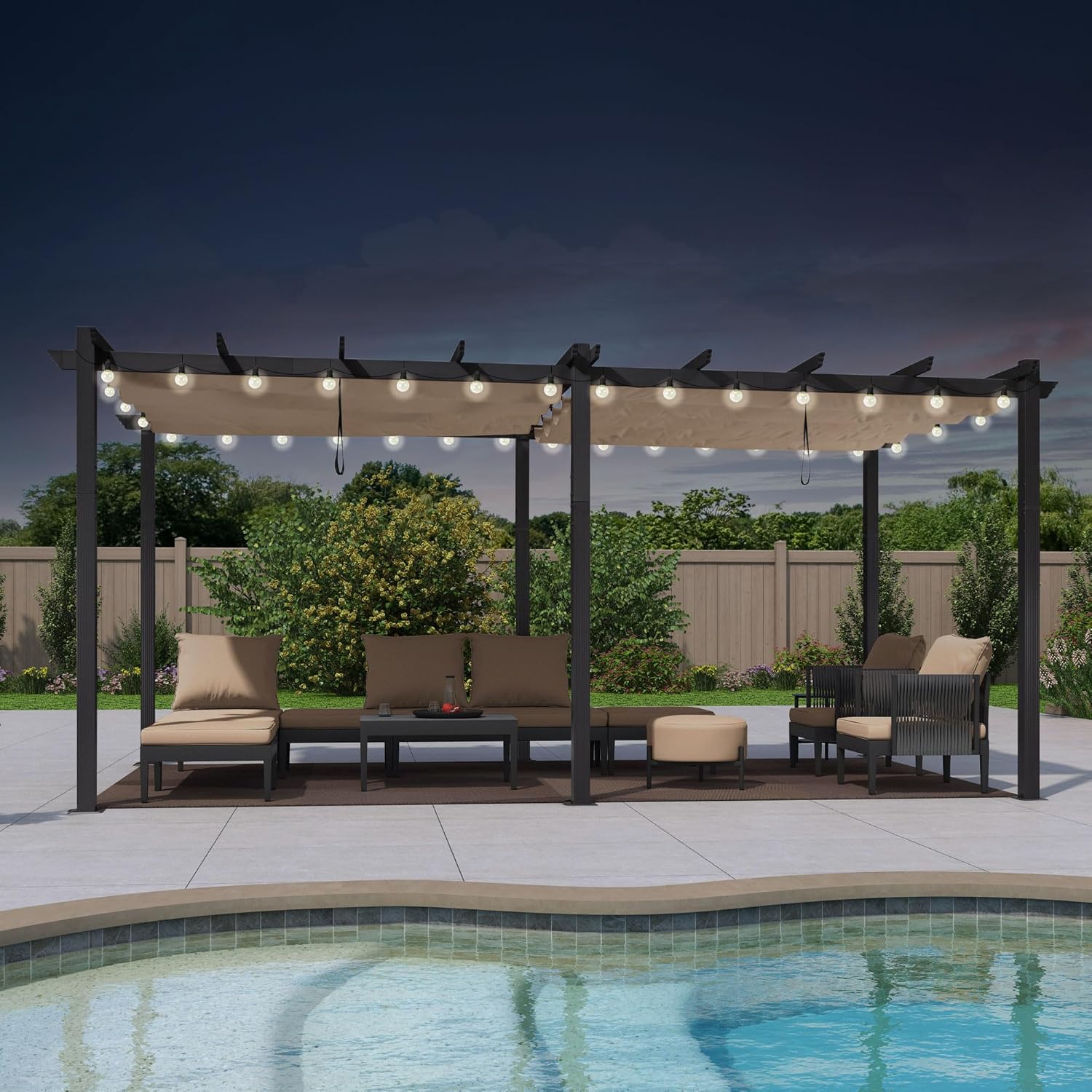 bleujardin - Pergola alu 5,5x3m, toit rétractable LED, kaki